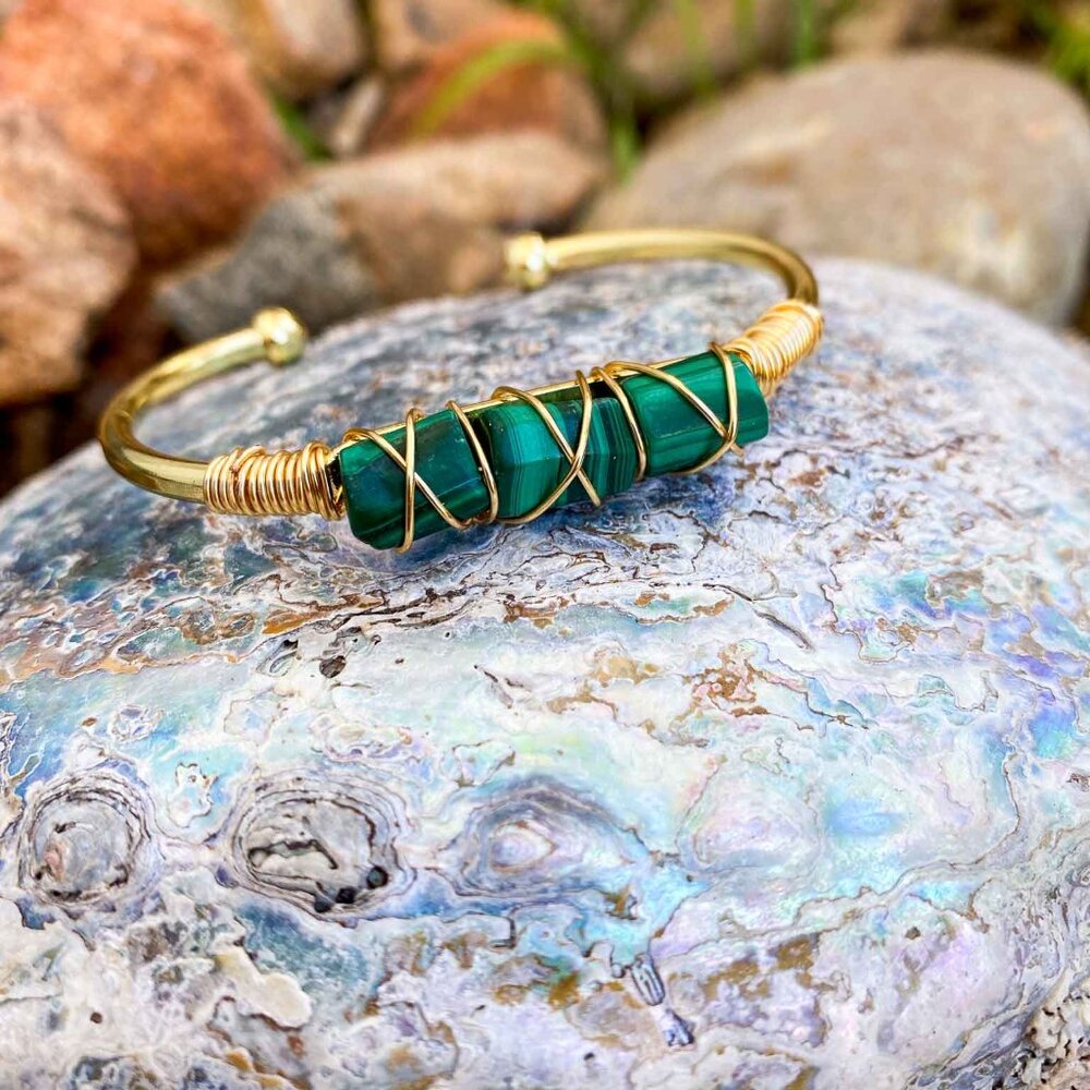 Malachite Gemstone Gold Bangle Cuff Bracelet